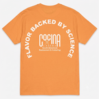 Orange t-shirt with 'Flavor Backed by Science' and white logo mark
