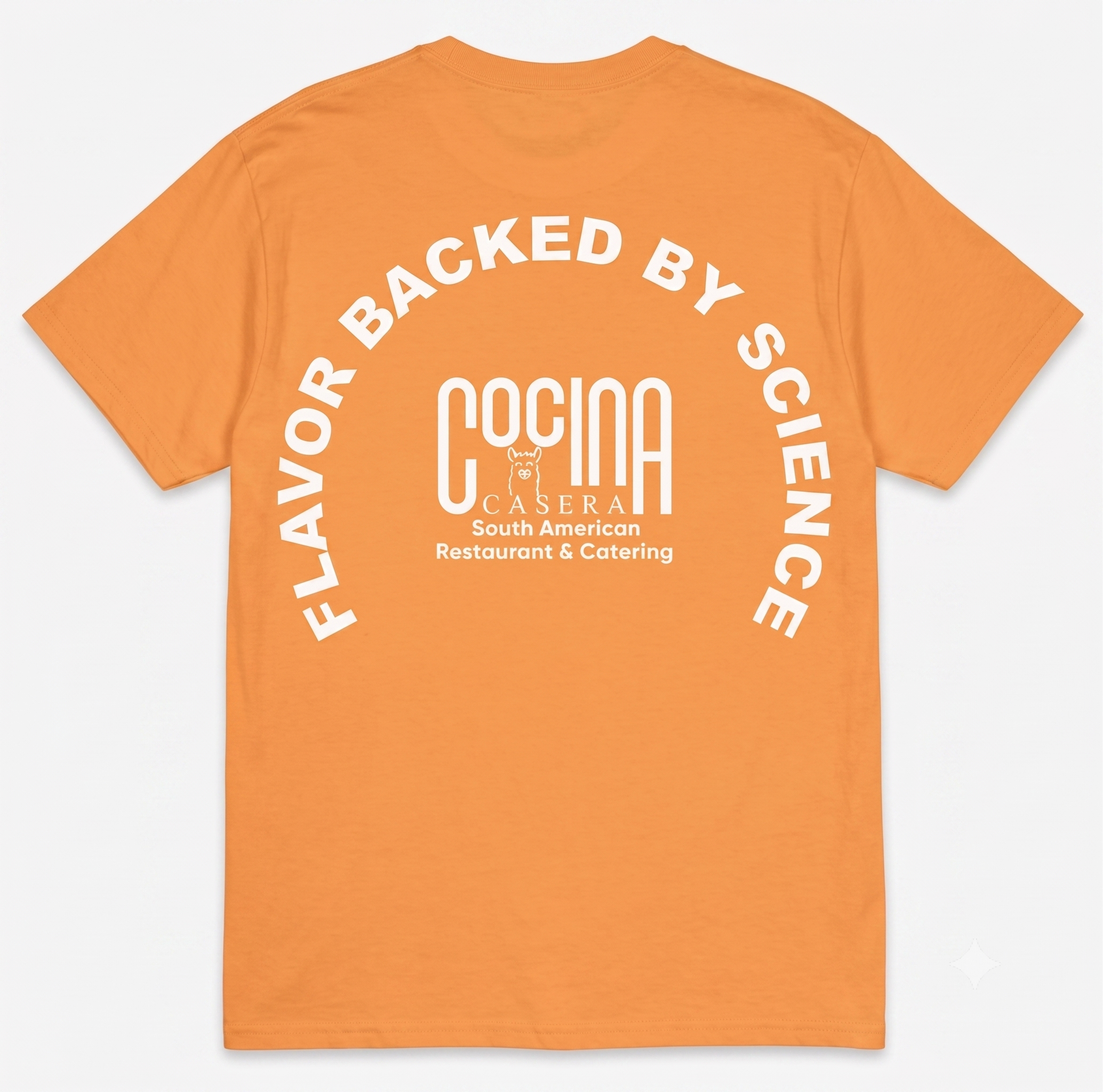 Orange t-shirt with 'Flavor Backed by Science' and white logo mark