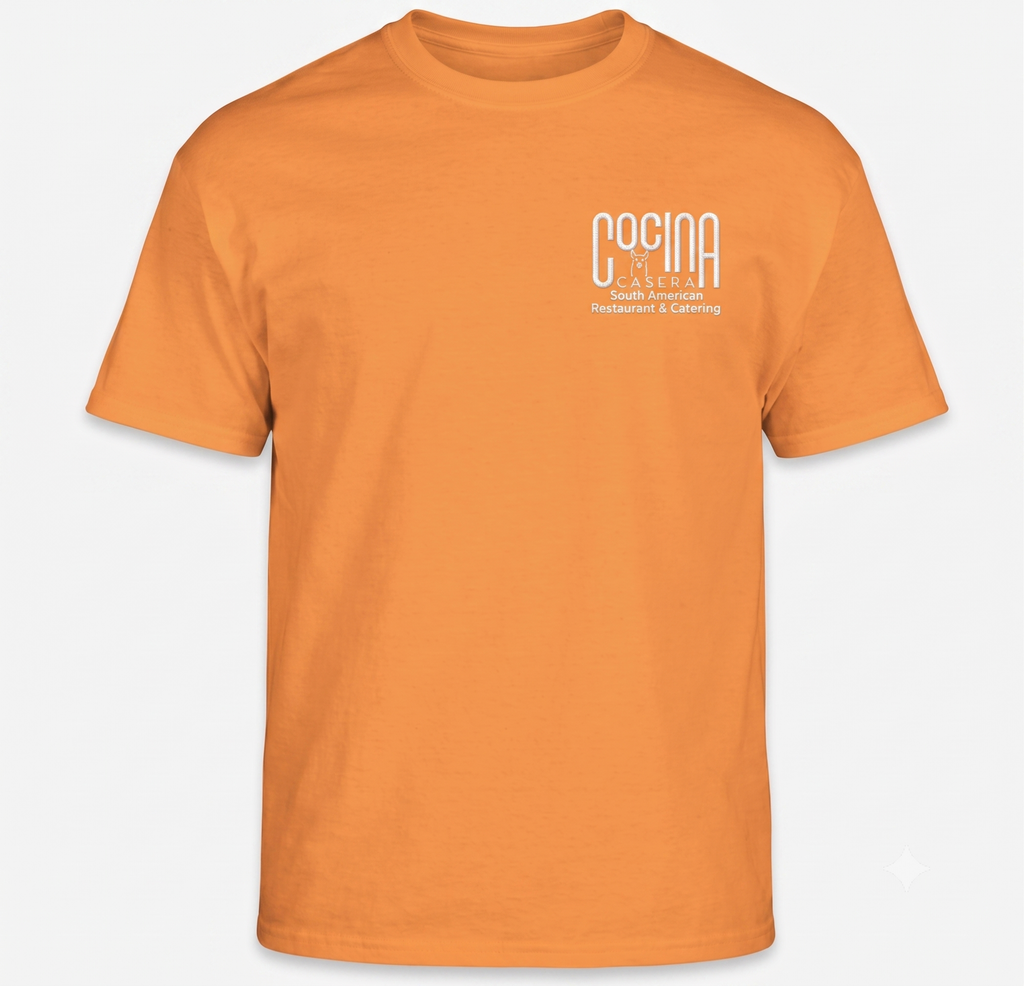 Orange t-shirt with white logo mark