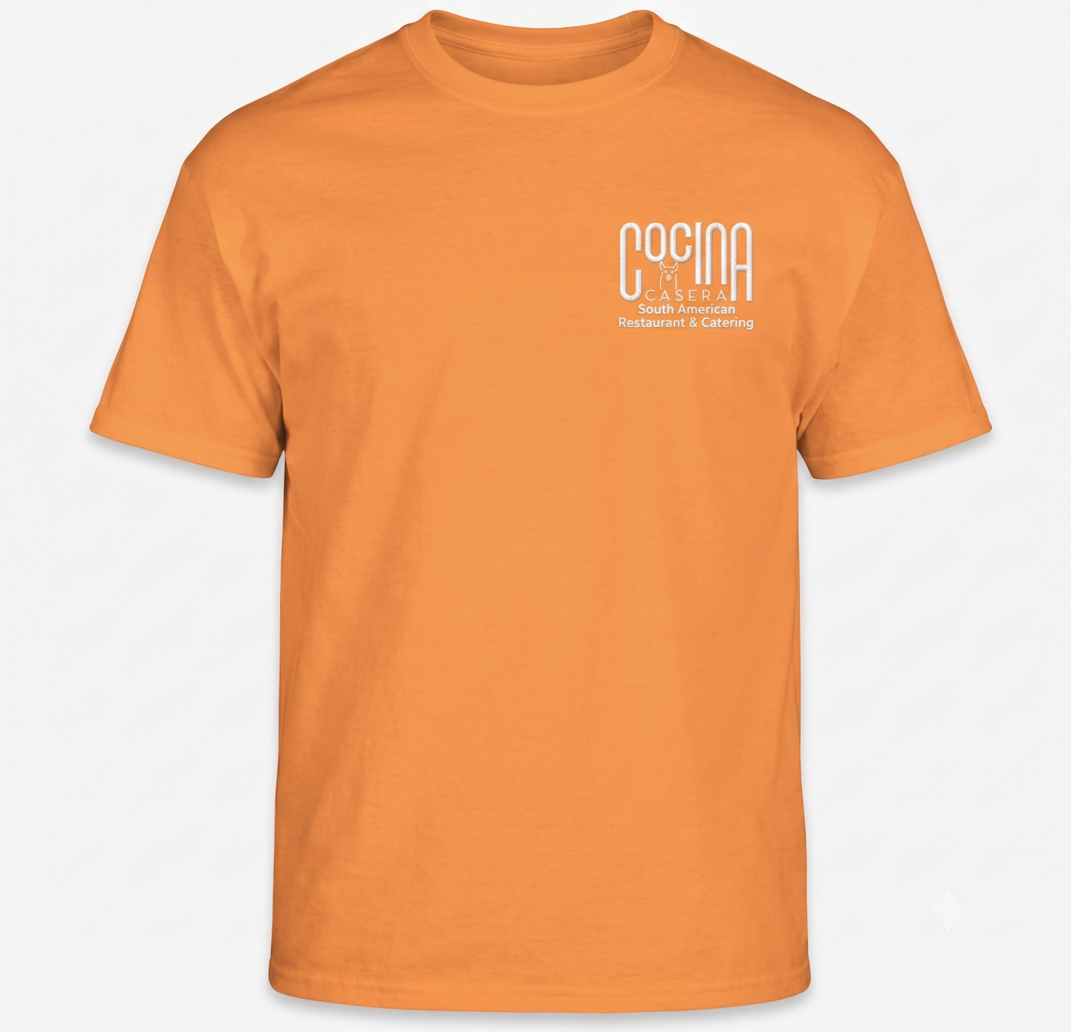 Orange t-shirt with white logo mark