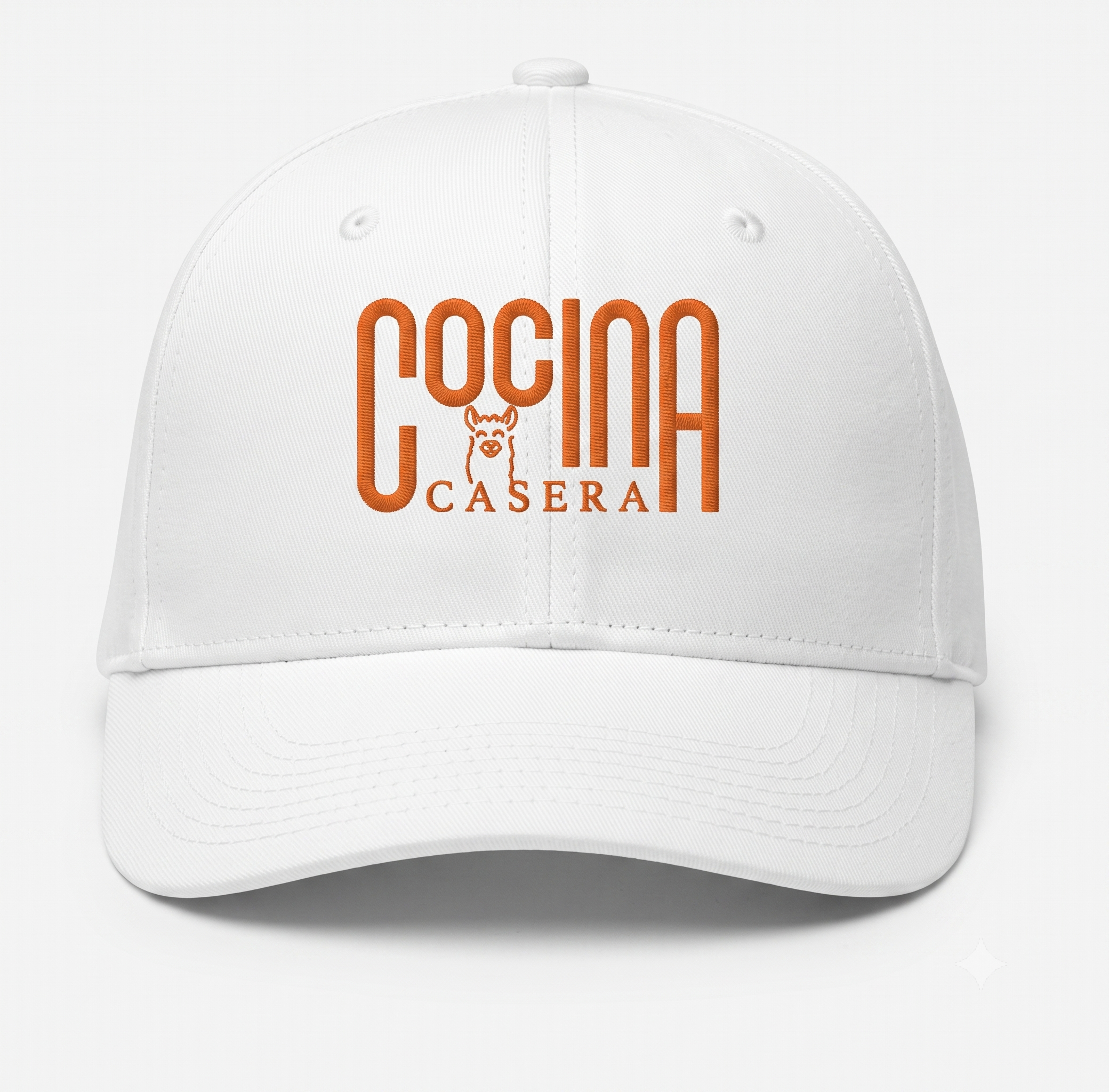 White trucker cap with 'Cocina Casera' logo mark in orange